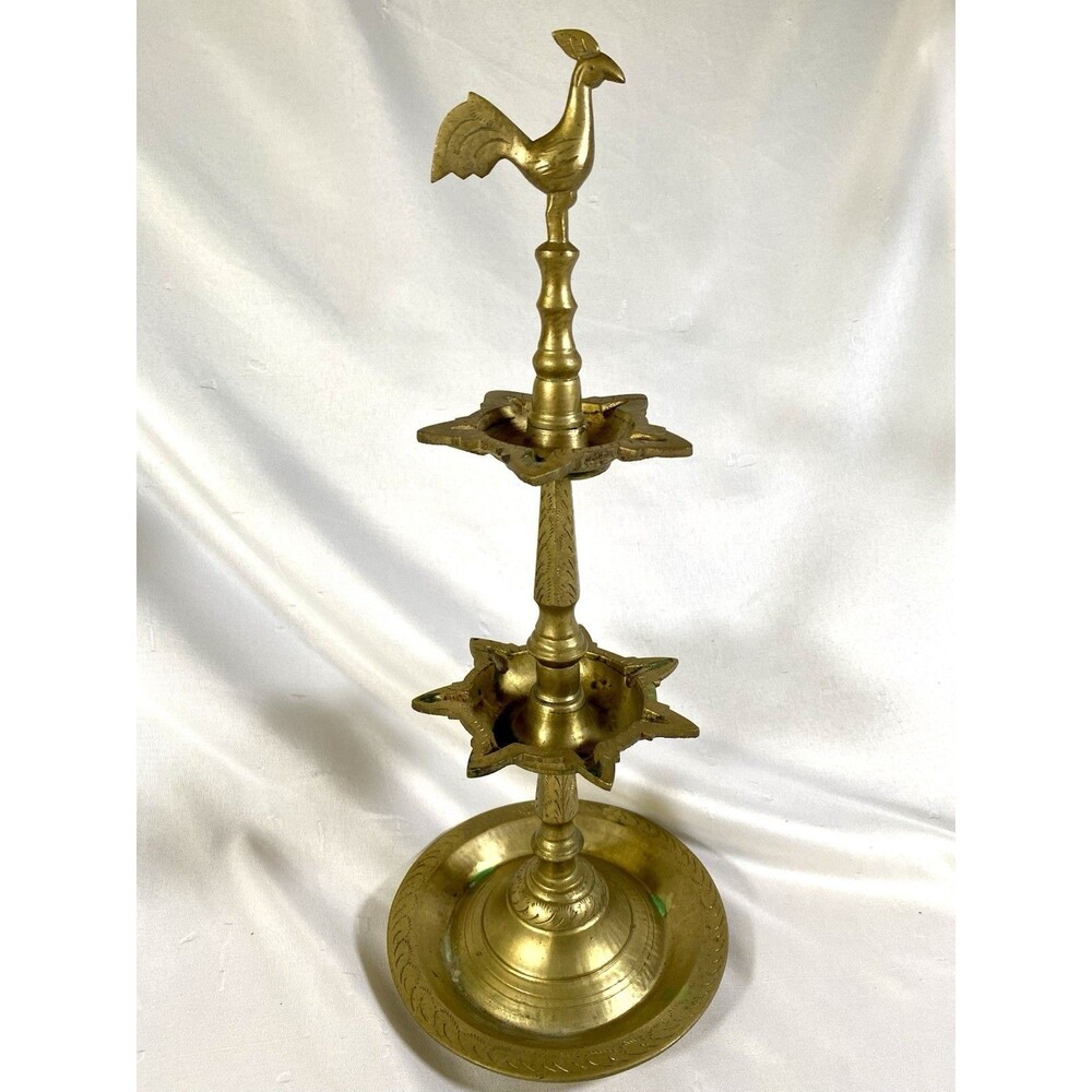 2 Tier Brass Rooster Diya Oil Lamp Sri Lanka Kukula Pahana Temple Stand